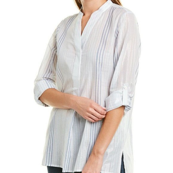 Vince Camuto The Regina Top Light Blue Striped V Neck Button Up Womens Size M - Picture 1 of 5